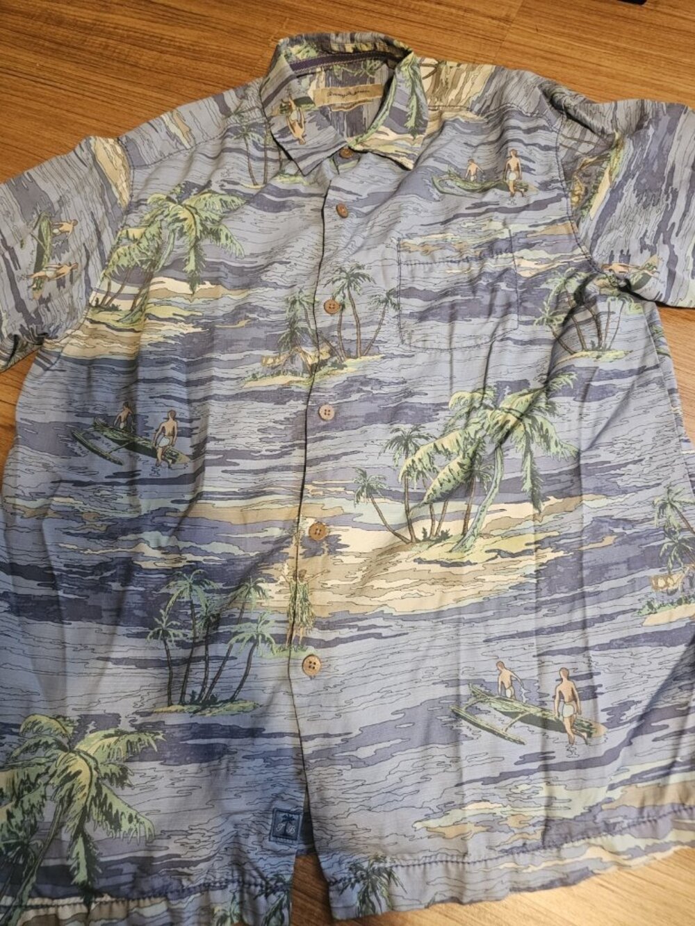 Tommy Bahama Button Up Shirt 100% Silk Palm Trees Blue Mens Size Medium
